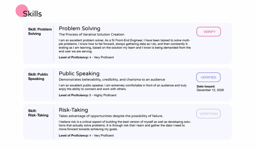 Screenshot of resume skills verification page